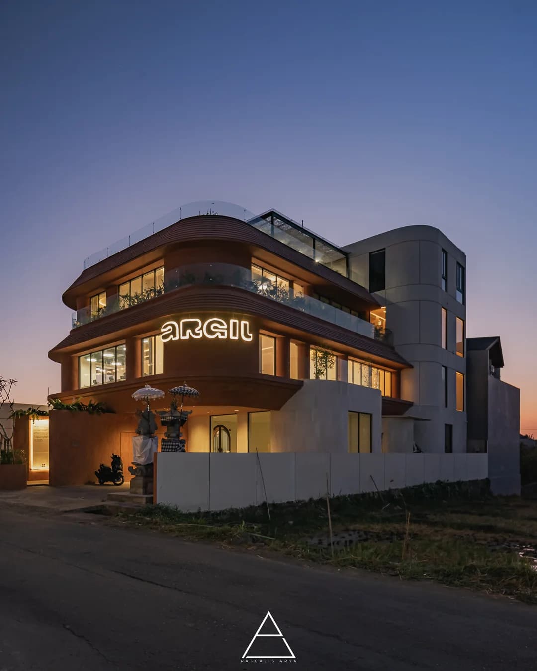 the building at dusk