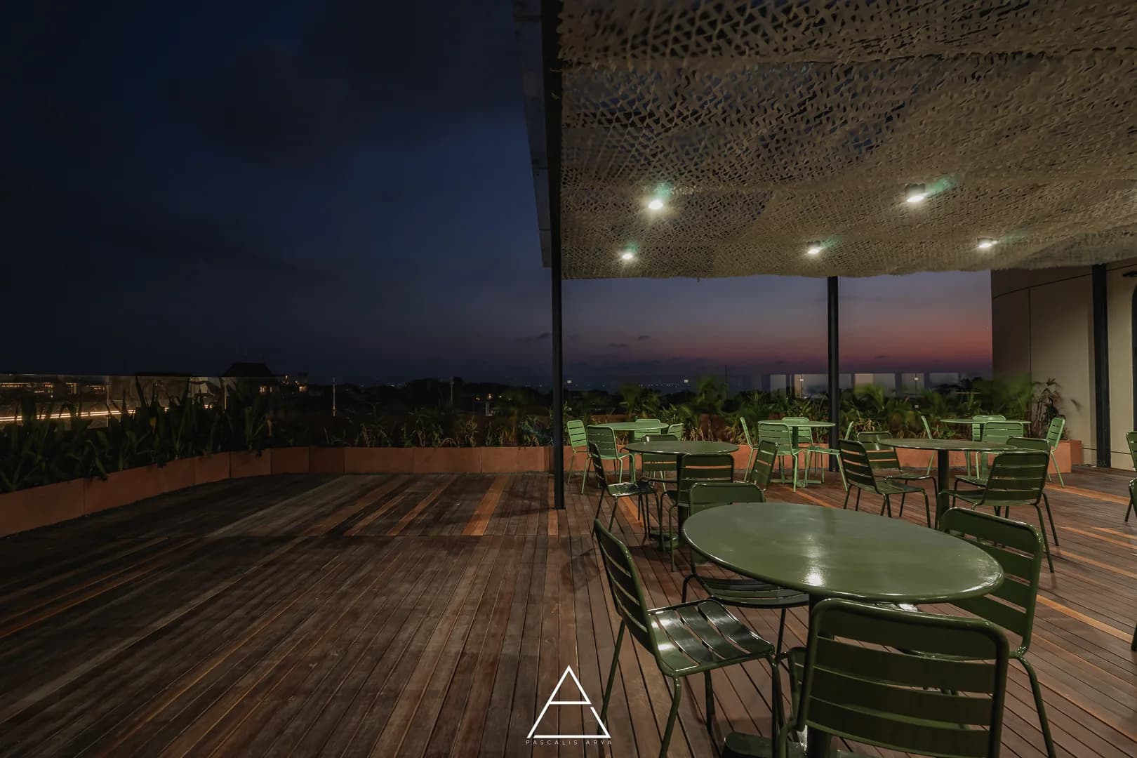 the rooftop at dusk